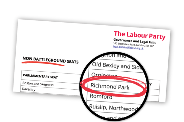 A document from Labour Party HQ showing 'non battleground seats'. Richmond Park is on the list.