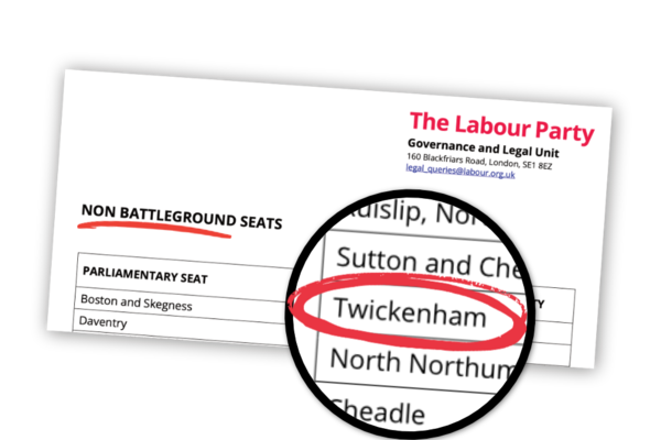 A document from Labour Party HQ showing 'non battleground seats'. Twickenham is on the list.